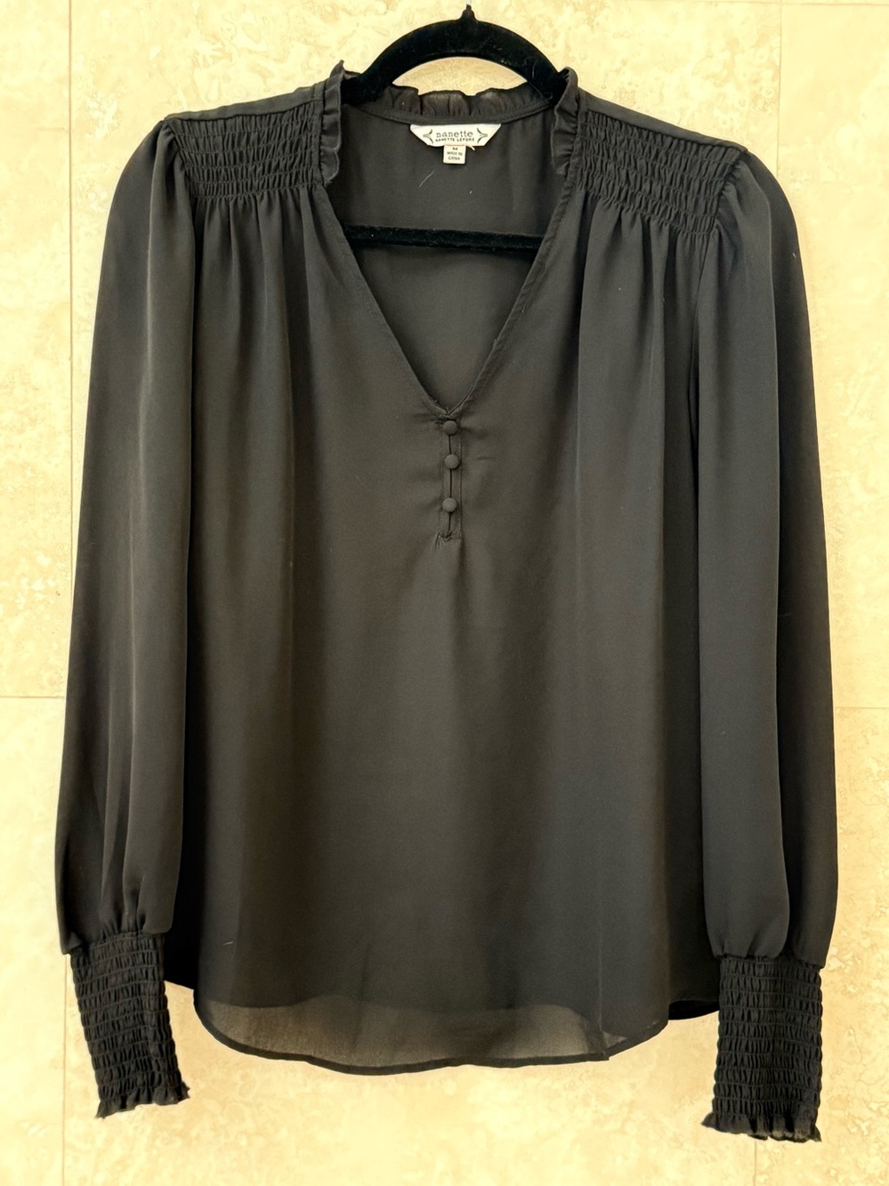 Nanette Lepore Black Blouse Smocked Long Sleeve Sheer Button Front Top EUC